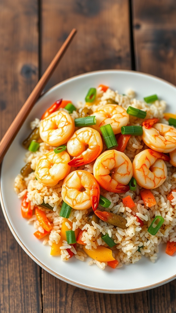 Shrimp fried rice with shrimp, vegetables, and green onions on a rustic table.